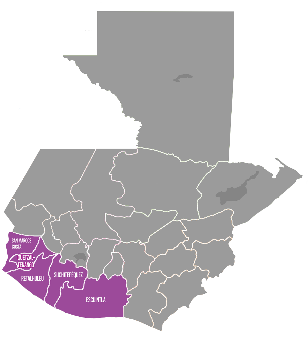 Escuintla, Suchitepequez, Retalhuleu, área sur de San Marcos y Quetzaltenango